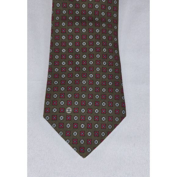 Vintage Signed Green Pattern Soie Silk Chanel Necktie Circle Square Pattern - Picture 3 of 8